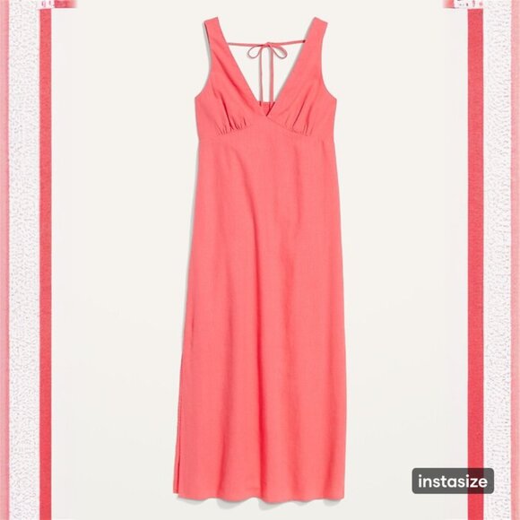 Old Navy Coral Pink V Neck Smocked Back Linen Blend Dress Large - Picture 2 of 12